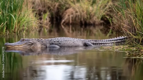 Alligator in water with reed and reflection