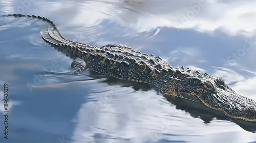 Alligator swimming in calm water reflecting cloudy sky daylight