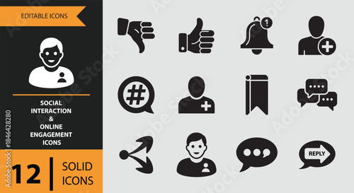 Editable social interaction and online engagement solid icon set for digital platforms