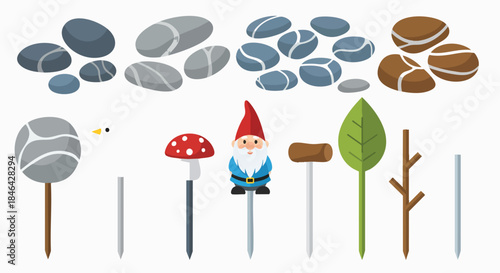 Collection of charming garden elements stakes and decorative stones gnome bird mushroom leaf cloud pebbles