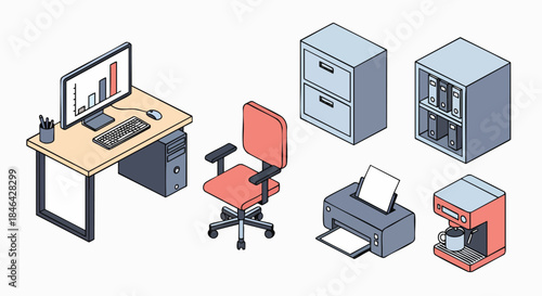 Isometric office furniture and equipment vector illustration set business technology computer desk chair printer coffee