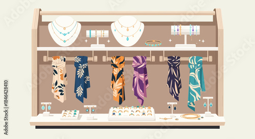 Elegant Display Of Scarves And Jewelry In An Upscale Boutique