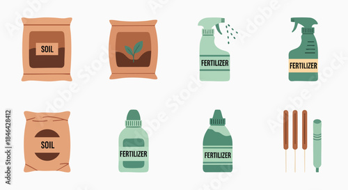 Essential garden tools soil fertilizer plant care icons vector growth agriculture farm organic green simple planting cultivation modern