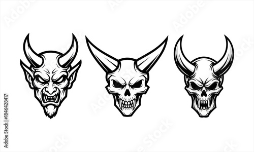 Three menacing horned skull and devil head illustrations.