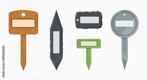 Five blank garden plant marker labels different materials Wood Stone Metal Green Plastic White Signs