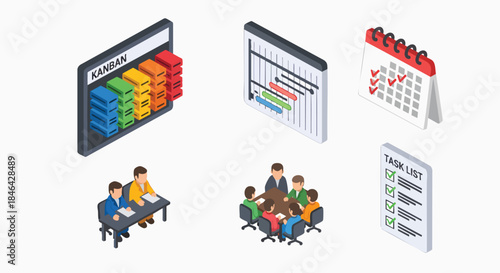 Isometric business project management and agile development vector icons set kanban gantt chart calendar tasklist meeting people teamwork planning