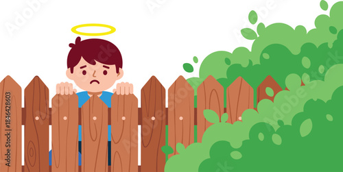 Sad Cartoon Boy with Halo Peeking Over Wooden Fence; Badly Behaving Angel Kid; Trouble; Guilt; Punishment; Misbehaving Child Concept; Vector Flat Illustration.
