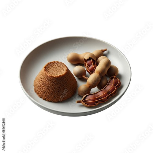 Tamarind pods and brown ingredient in white bowl on black background