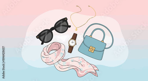 Elegant Woman Accessories Illustration On Pastel Color Background