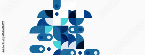 Abstract geometric shapes, blue hues, white background. Modern design, simple composition, clean aesthetic. Minimalist artwork.