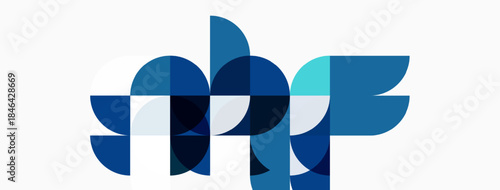 Abstract geometric shapes, blue hues dominate design. Overlapping forms create dynamic composition, modern aesthetic. Clean lines, minimalist style.