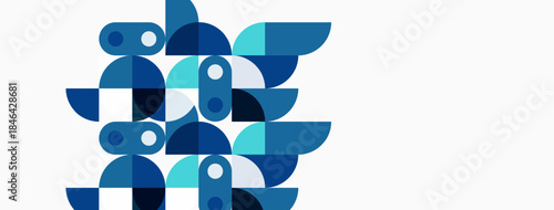 Abstract geometric shapes, blues dominate composition. Circles, curves, overlapping forms create modern design. Minimalist aesthetic, clean lines present.
