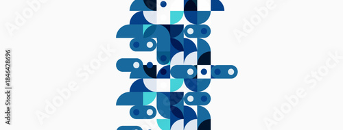 Abstract geometric shapes, blues, turquoise, white background. Modern design, playful composition, simple forms, clean aesthetic.