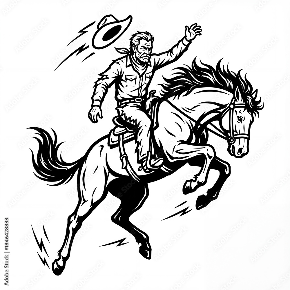 Obraz premium Cowboy riding horse at high speed with raised hand in the air