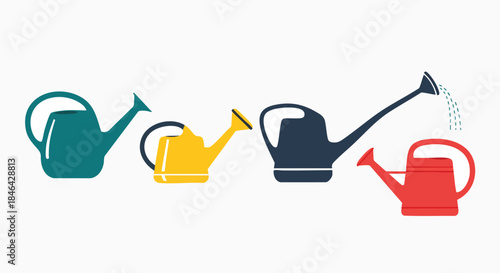 Four diverse vibrant watering cans for gardening and plant care garden tools watering illustration growth