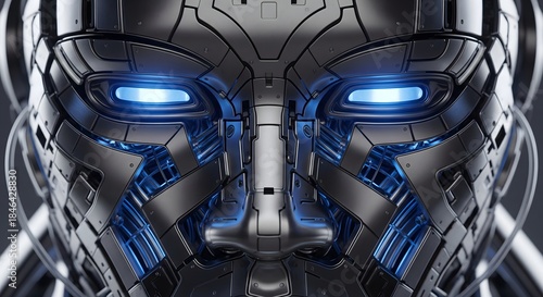 Futuristic detailed robotic face close-up with glowing blue eyes, symbolizing artificial intelligence and cybernetics.