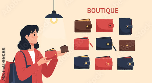 Elegant Woman Shopping For Designer Wallets At Upscale Boutique
