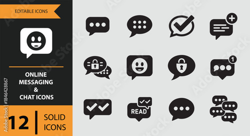 A collection of 12 solid online messaging and chat icons for digital communication