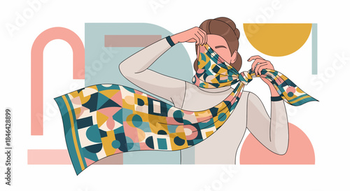 Elegant Woman Tying Silk Scarf With Abstract Shapes Illustration
