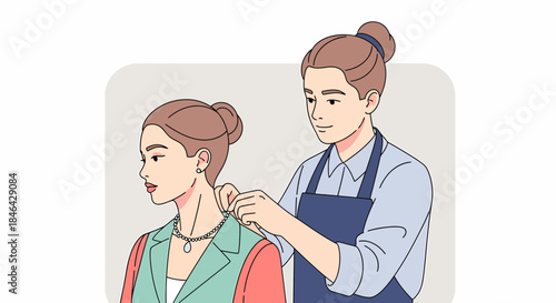 Fashion Designer Helping Client With Pearl Necklace Fitting Session