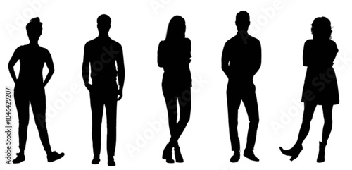 Five smiling people standing together on a white background.