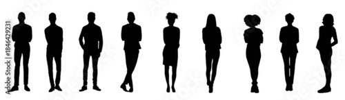 Five smiling people standing together on a white background.