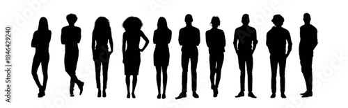 Diverse group of people standing together on a white background.