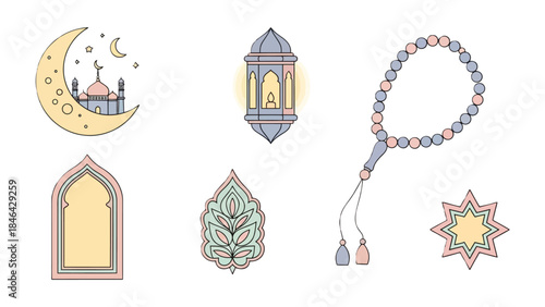 Islamic Symbolic Illustration: This illustration features an assortment of Islamic cultural elements, including a crescent moon, a mosque silhouette, an ornamental lantern, a string of prayer beads.