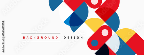 Abstract geometric shapes overlap, creating vibrant color composition. Red, blue, yellow dominate white space. Modern design element.