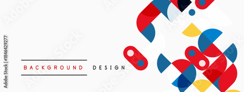 Abstract geometric shapes overlap, creating vibrant design. Red, blue, yellow elements stand out against white backdrop. Modern aesthetic.