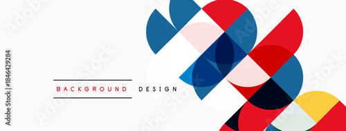 Abstract geometric shapes overlap. Red, blue, yellow hues dominate white space. Modern design element for backgrounds.