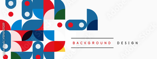 Abstract geometric shapes overlap, creating colorful pattern. White background provides contrast, simple text labels design elements.