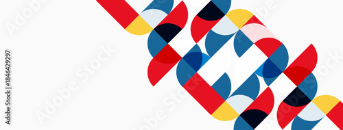 Abstract pattern features overlapping colorful semicircles. Design uses red, blue, yellow, pink hues on white background. Modern, geometric style.