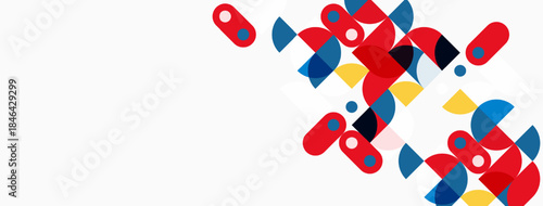Abstract geometric shapes, red, blue, yellow. Minimalist design, clean background, modern aesthetic. Composition focuses on playful forms.