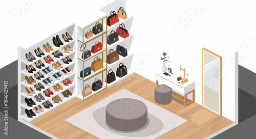 Isometric Elegant Boutique With Dresser Mirror, Clothing and Accessories