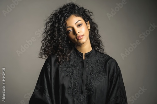 Woman with dark curly hair posing in a studio for a portrait