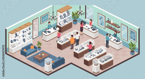 Isometric Jewelry Store Showcase With Customers And Sales Associates