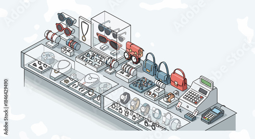 Isometric Showcase Of Fashion Accessories In Modern Storefront Display