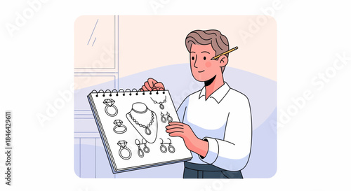 Jewelry Designer Displaying Sketches Of Rings, Necklaces And Earrings