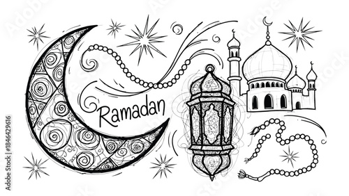Ramadan Illustration: A hand-drawn illustration captures the essence of Ramadan, featuring a crescent moon, mosque, lantern, and prayer beads.