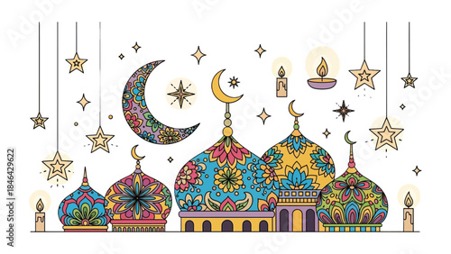 Festive Ramadan: A radiant depiction of mosques, crescent moons, and stars against a backdrop of twinkling lights, celebrating the spirit of Ramadan. 