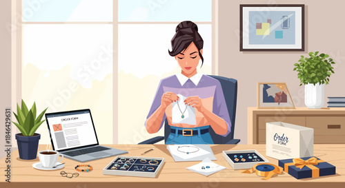Jewelry Designer Working At Her Desk In Home Studio