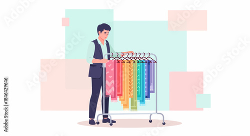 Man Selecting Colorful Scarves From A Clothing Rack
