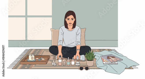 Relaxed Woman Enjoying Self Care Ritual At Home On Cozy Carpet