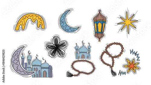Islamic Eid Elements : A colorful assortment of symbolic illustrations, featuring crescent moons, stars, lanterns, and prayer beads, offering a visually rich celebration of the Eid festival. 