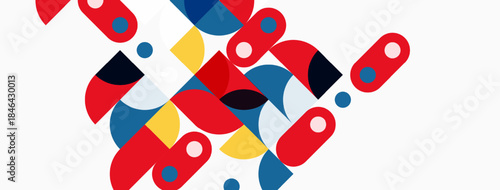 Abstract geometric shapes overlap, creating dynamic composition. Red, yellow, blue dominate neutral background. Modern design elements present.