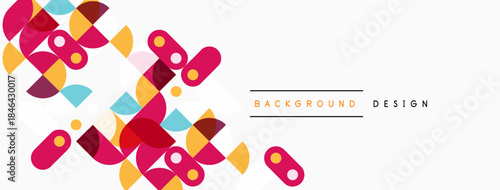 Abstract geometric shapes, vibrant colors, modern design. Background features overlapping squares, circles, rectangles. Minimalist aesthetic.