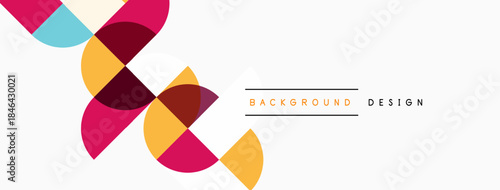 Abstract geometric shapes overlap, creating vibrant design. Colors include pink, orange, blue, turquoise. Minimalist style, clean aesthetic.