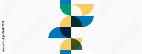 Abstract geometric design. Overlapping semicircles create organic, flowing pattern. Colors include blue, yellow, green, dark shades. Minimalist style.
