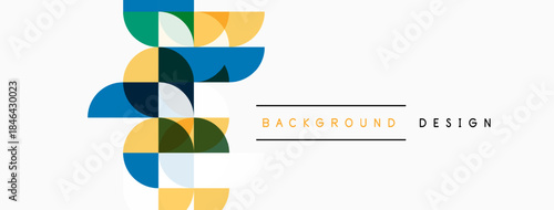 Abstract geometric shapes overlap, creating colorful visual design. Background features circles, curves, modern aesthetic.